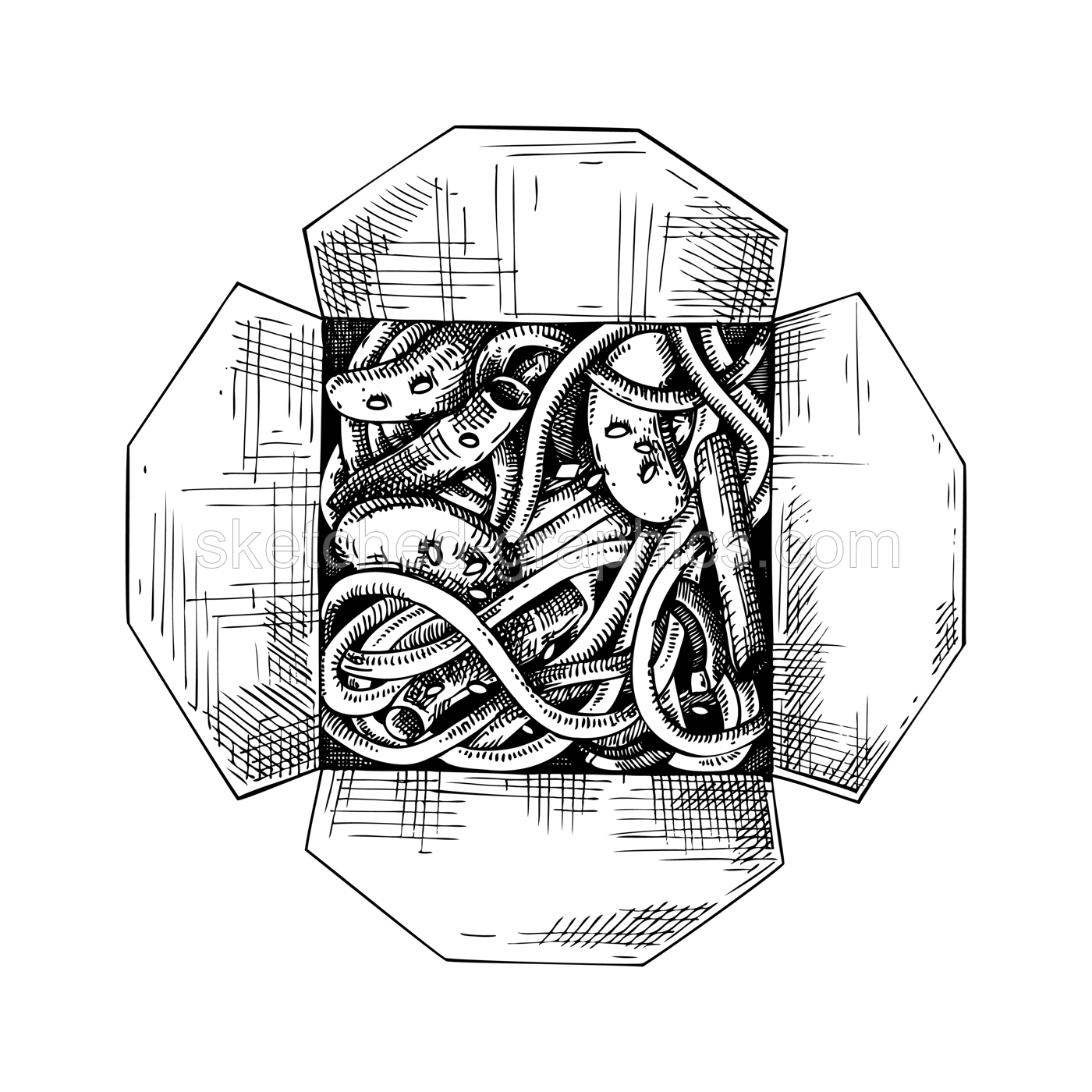 Noodles in paper box. Asian cuisine meal sketch. Vintage fast food drawing. Food delivery design element. Take away box package Illustration